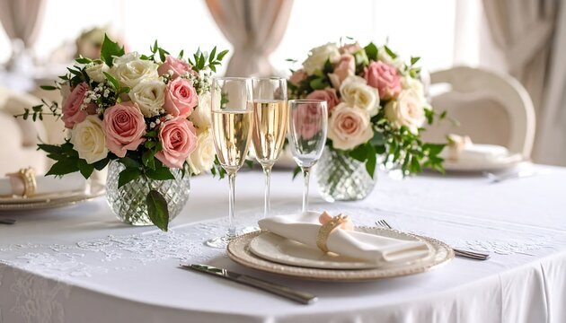 Elegant table setting with floral centerpieces, champagne flutes, and pristine white linens creating a festive ambiance