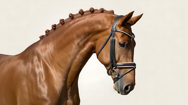 Brown horse head portrait with braided mane isolated on white background for animal beauty and equestrian concept

