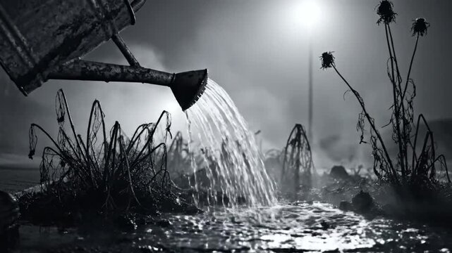 Black and white shot of a rusty watering can pouring water on the ground with dead plants under a bright street light