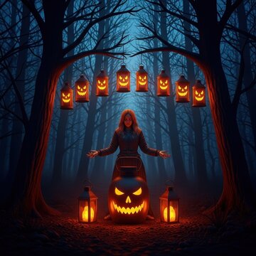 Mystical Woman with Glowing Jack O Lanterns in a Spooky Forest.