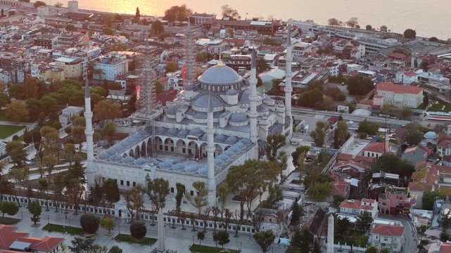 Aerial Shot of Sultan Ahmed Mosque and Taksim Square in Istanbul, Turkey at Sunrise