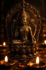 Fototapeta premium Gilded idol of goddess lakshmi surrounded by diya lamps with religious, blessing