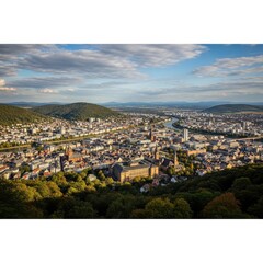 Obraz premium Panoramic view of a vibrant city nestled amidst rolling hills under a bright sky.
