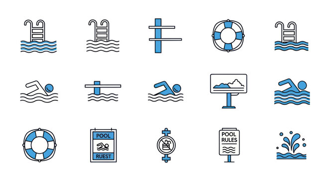 Swimming Pool Icons Set: Pool Ladder, Swimmer, Lifeguard Ring, Rules, Water Splashes