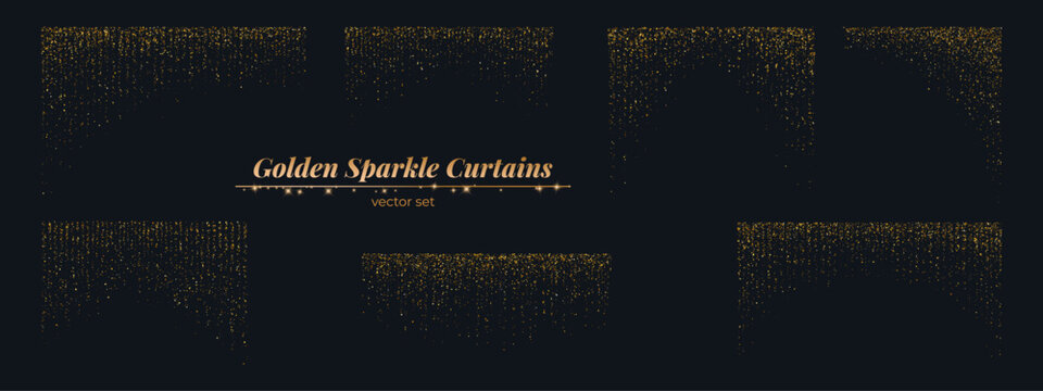Gold glitter curtain set. Falling sparkle particle rain on dark backdrop. Vertical shimmering star trails, dust shower effect. Luxury party overlay, award ceremony, celebration design. Vector.