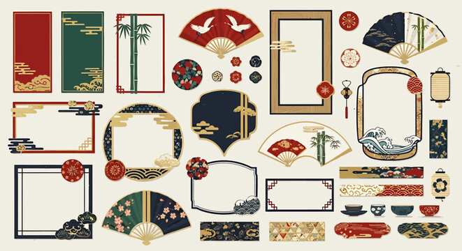 Traditional Japanese Decorative Frames and Borders with Fans, Flowers, and Cranes