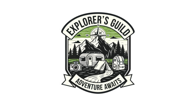 Explorer's Guild Adventure Awaits Vintage Badge - Camping, Mountains, Travel Emblem
