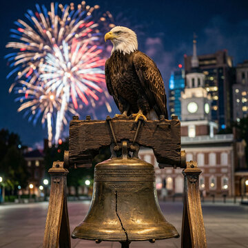 proud bald eagle sitting on vintage wooden beam of liberty bell with city night background and bright festive fireworks in sky