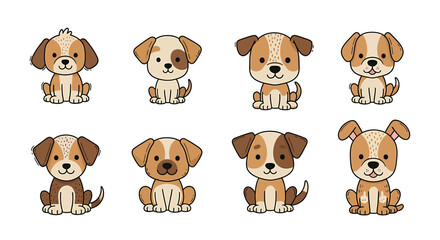 Fototapeta premium Adorable collection of eight cartoon puppy characters, each with unique brown and white markings, sitting and looking friendly, perfect for children's designs and pet-themed projects