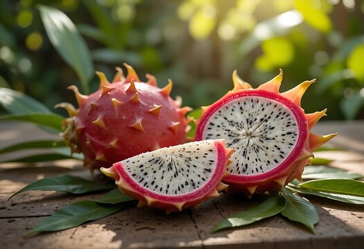 A close up view of fresh spiky horned melon fruits resting on a wooden table in garden setting. drachenfrucht