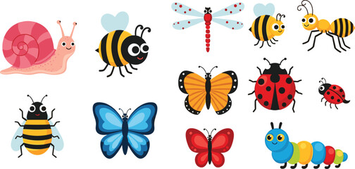 Cute insects and garden bugs collection with bees butterflies ladybugs dragonfly snail and caterpillar cartoon vector illustration set © Yevhenii creative