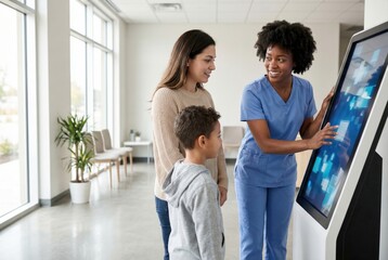 Obraz premium African american nurse helping caucasian woman and boy with electronic kiosk in hospital hall. Digital self service terminal for medical appointment. Healthcare technology assistance concept.