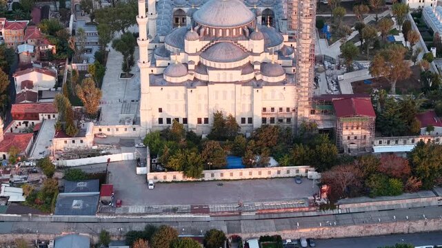 Aerial Shot of Sultan Ahmed Mosque and Taksim Square in Istanbul, Turkey at Sunrise