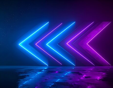 Glowing neon chevron arrows point towards an abstract, dark space