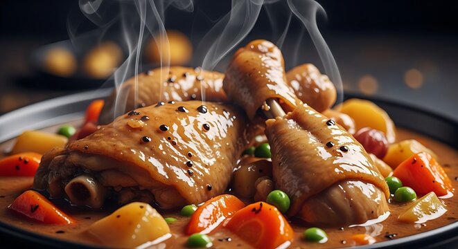 A steaming hot plate of delicious roasted chicken served with colorful vegetables and sauce. estofado pollo