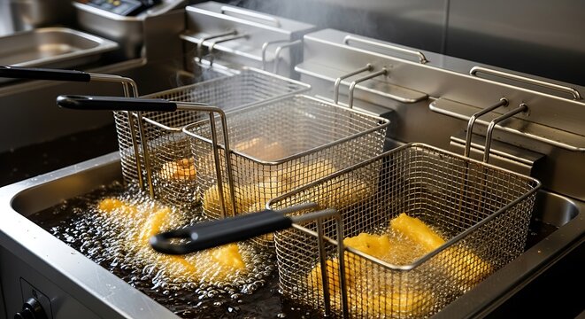 Commercial Deep Fryer Baskets with Fries in Action