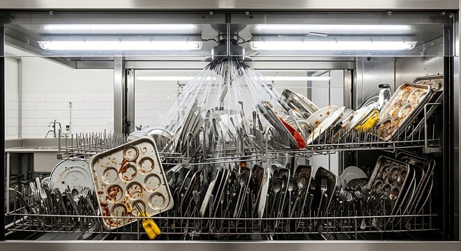 Industrial dishwasher spraying water cleaning dirty dishes inside