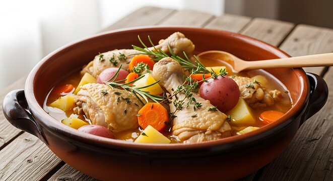 A rustic clay pot filled with tender braised chicken and fresh vegetables in a savory sauce. estofado pollo