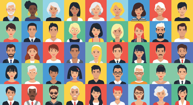 Diverse collection of human avatars showcases different ages, ethnicities, and genders arranged in a colorful grid for social media profiles.
