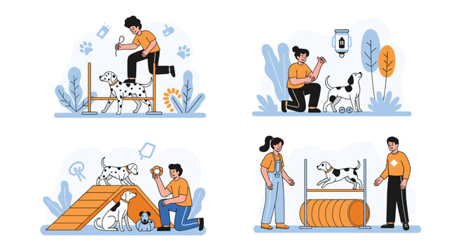Series of illustrations shows various dogs being trained through agility courses including jumps, ramps, tunnels, and obedience exercises.