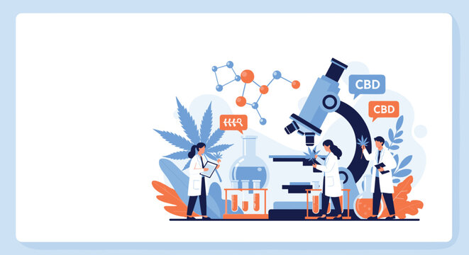 Laboratory scientists conduct research on cannabis plants and CBD oil using a large microscope, beakers, and chemical molecular structures.