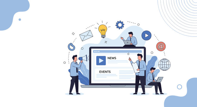 Digital media and news distribution are illustrated by professionals working around a large laptop screen displaying various video events.