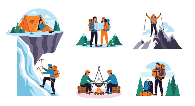 Adventure activities collection featuring hiking, mountain climbing, camping with a tent, and cooking over a campfire in the wilderness.