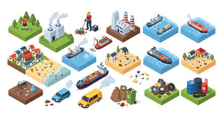 Fototapeta premium Isometric illustration of environmental issues including factory pollution, garbage on beaches, marine plastic, and waste management activities.