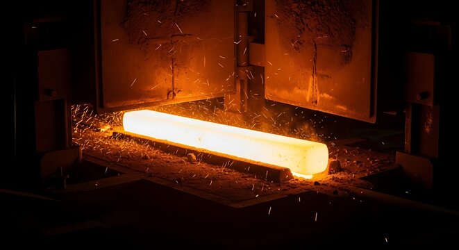 A glowing hot steel billet being processed in an industrial factory setting with many sparks. steel billet
