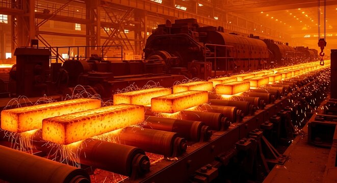 Glowing metal slabs move along a production line in a large industrial steel manufacturing plant. steel billet