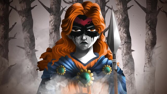 celtic queen woman warrior in misty forest with spear