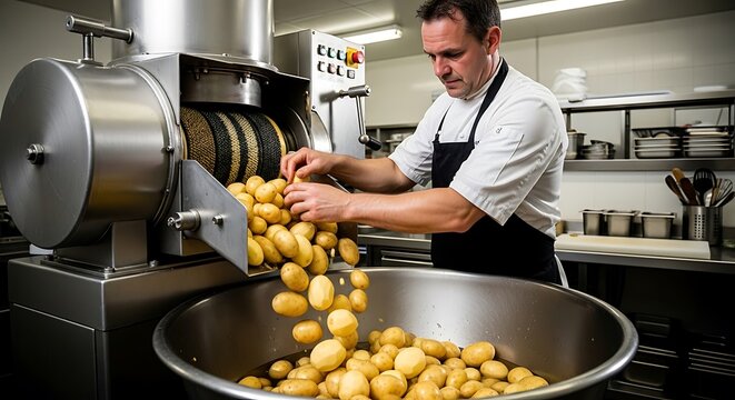 Chef using industrial machine to process potatoes in kitchen