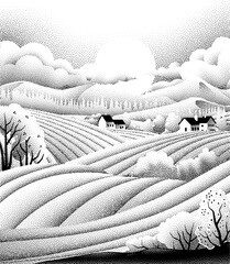 Fototapeta premium Fields rolling hills and mountains farm landscape background illustration with countryside mountains, sunrise sun, clouds and trees. Original rural background drawing in vintage pointillism dot style