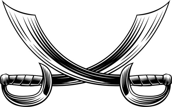 A pair of crossed pirate scimitar cutlass saber swords heraldry design element in a vintage retro woodcut style
