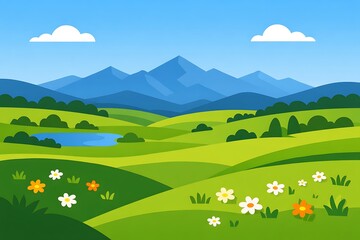 Fototapeta premium Bright Cartoon Landscape with Rolling Green Hills and Distant Mountains