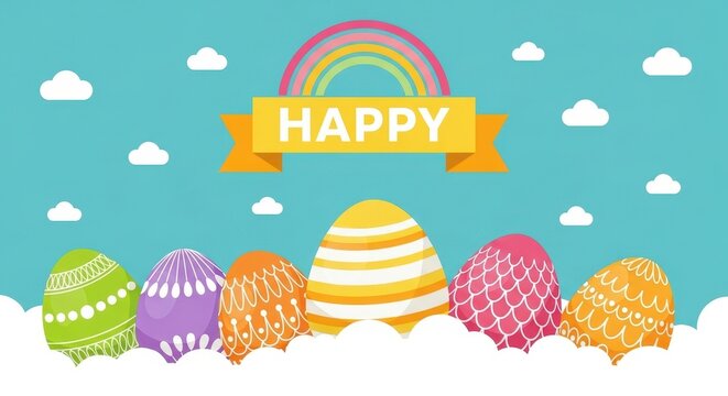 Colorful, decorated and patterned easter eggs in clouds with rainbow arc over sky. Spring, celebration and holiday with festive seasonal elements and bright vibrant colors for pascha