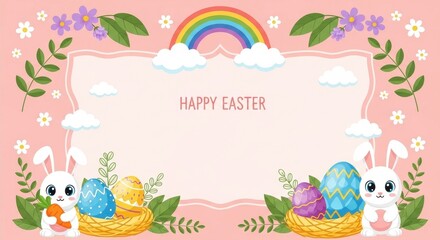 Naklejka premium Easter, bunny and rainbow illustration with decorated eggs in nests. Spring, flowers and clouds with festive holiday theme and cute seasonal nature elements for greeting cards professional stock media