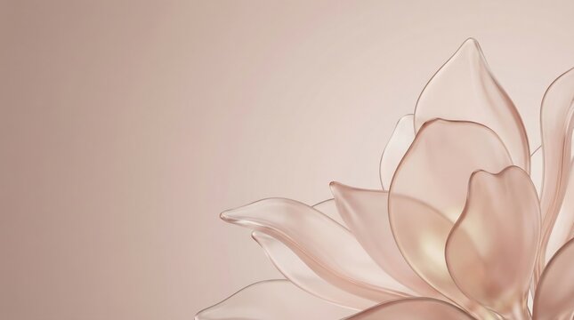 Abstract glass flower with soft rose gold petals. Minimalist 3D rendered floral background with copy space. Elegant decorative element for wedding invitation or luxury design project.