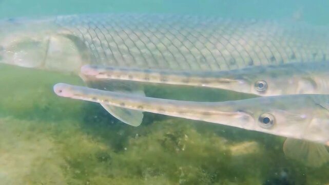 Longnose gar swimming underwater in freshwater lake in Ontario, prehistoric fish wildlife footage