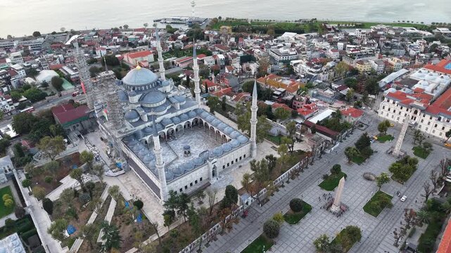 Aerial Shot of Sultan Ahmed Mosque and Taksim Square in Istanbul, Turkey at Sunrise