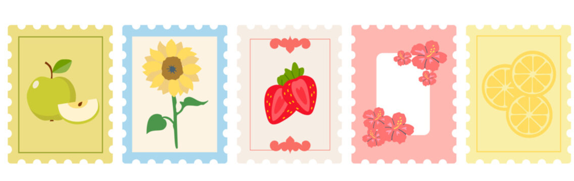 modern trendy post card stamp illustration set , fruits and flower stamp