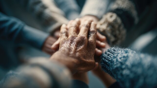 Group of business people stacking hands, team building concept, close up view, unity and collaboration, diverse team, office meeting 