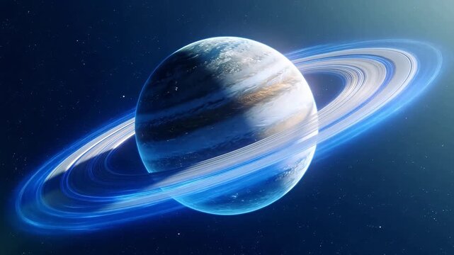Blue planet with bright rings orbiting in deep space background