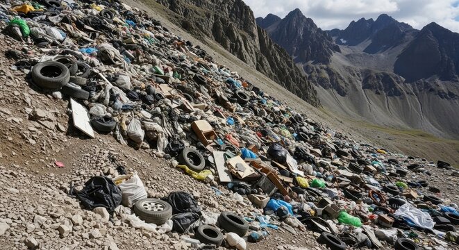 Massive illegal dump of garbage and waste polluting a pristine mountain landscape, highlighting environmental destruction.