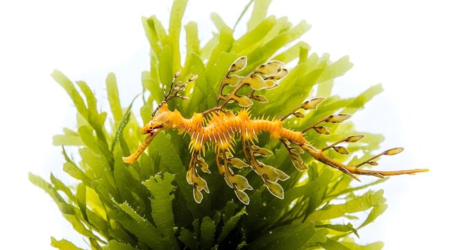 Orange Leafy Sea Dragon Swimming Among Green Seaweed