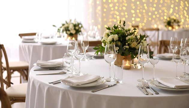 Elegant tables dressed for a special event. Round tables with white linens are set with dishes, cutlery, and glassware. Floral arrangements add color