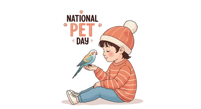 On National Pet Day, a charming vector illustration shows a child in a striped sweater gently holding a small parakeet on their hand against a clean white backdrop, conveying a sense of pet