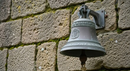 Obraz premium Old Bronze Bell Mounted on a Mossy Stone Wall.