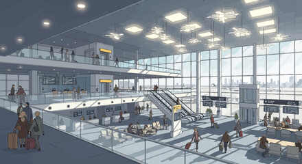 Naklejka premium Modern Airport Terminal Interior with Travelers and Natural Light