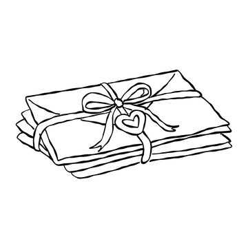 Romantic Stack Of Love Letters Tied With Ribbon Vintage Correspondence Mail Romance Theme Line Art Illustration